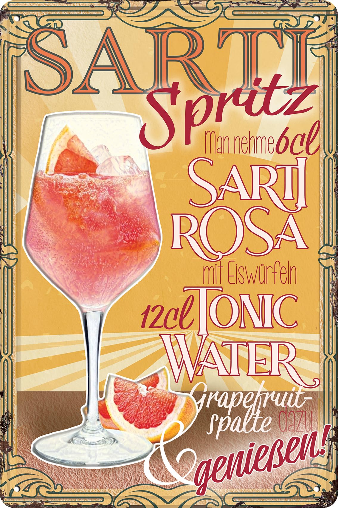 Weather-Resistant Tin Sign, Bar, Recipe Sign - Summer Cocktail, Aperitif - Sprizz, Veneziano - Liqueur with Prosecco - 30 x 20 cm (Sarti Spritz)