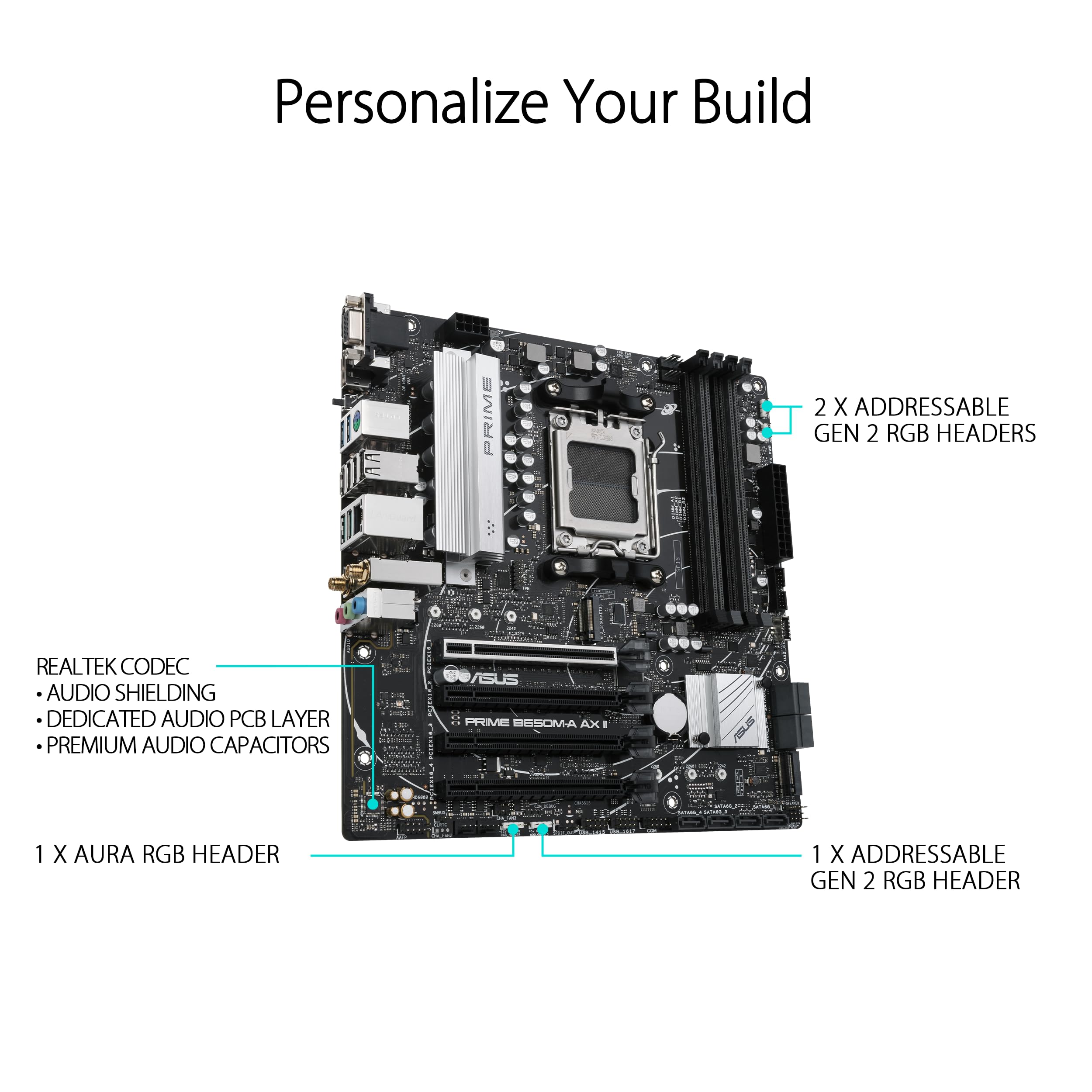 ASUS Prime B650M-A AX II AMD B650 AM5 Ryzen™ Desktop 9000 8000 & 7000 Micro-ATX mATX Motherboard, DDR5, PCIe 5.0 M.2, 2.5Gb LAN, Wi-Fi 6, DisplayPort, HDMI®, USB 3.2, USB 3.2 Type-C®, BIOS Flashback™