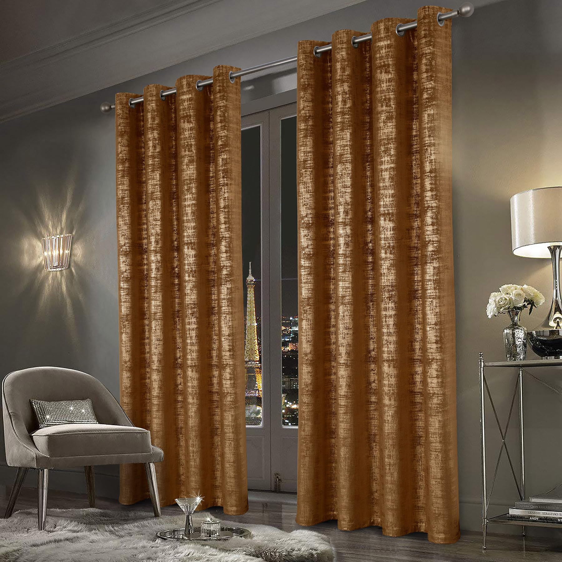 always4u Soft Velvet Curtains 100% Blackout Window Treatments Energy Efficiency for Bedroom Gold Foil Printed Shining Luxury Curtain Drapes 1 Pair Caramel 46 * 90