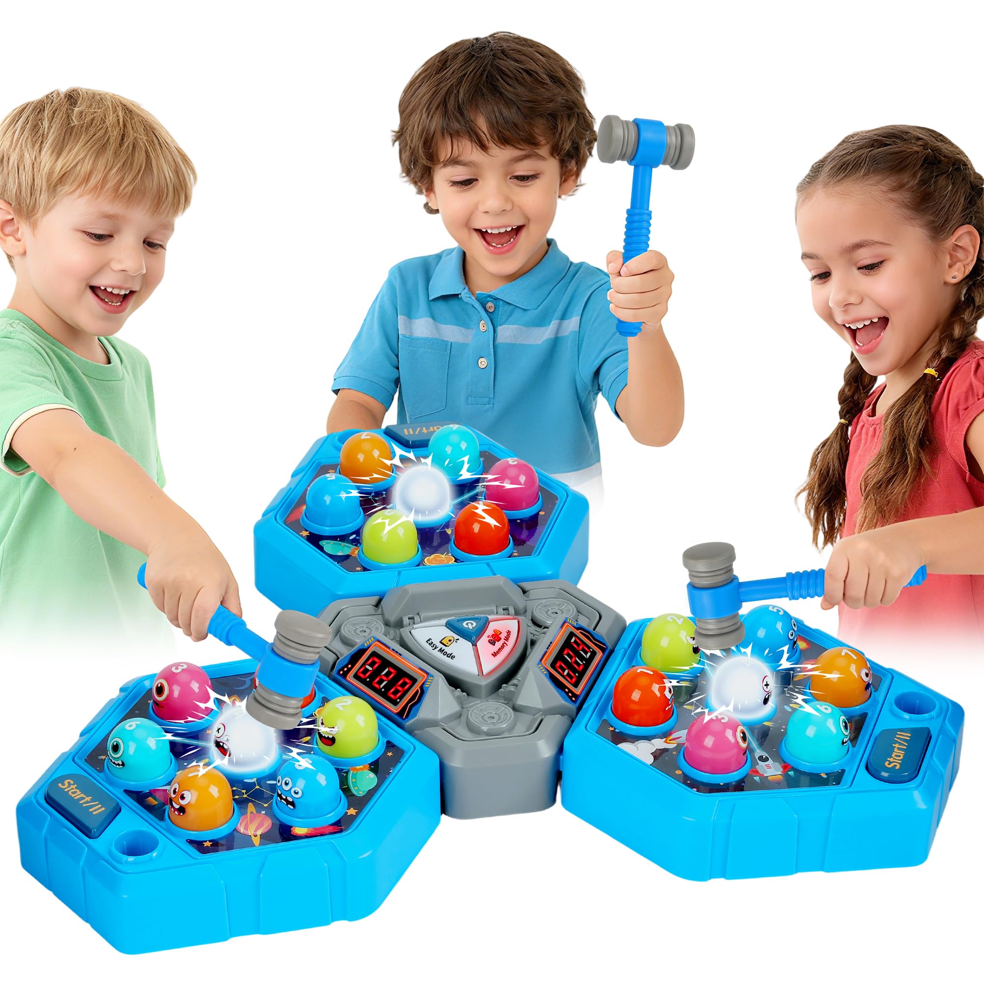 Guffawz 3-Player Whack Game Toy Mole with Lights & Sounds, 3Modes&7Speed Levels, LED Scoreboard, Interactive Hammer Toy, Educational Pounding Game for Kids Ages 3-10, Gifts for Boys & Girls