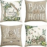 AVOIN colorlife Sweet Home Family is Everything Spring Floral Throw Pillow Covers, 18 x 18 Inch Seasonal Eucalyptus Flowers Cushion Case Decoration for Sofa Couch Living Room Home Decor Set of 4
