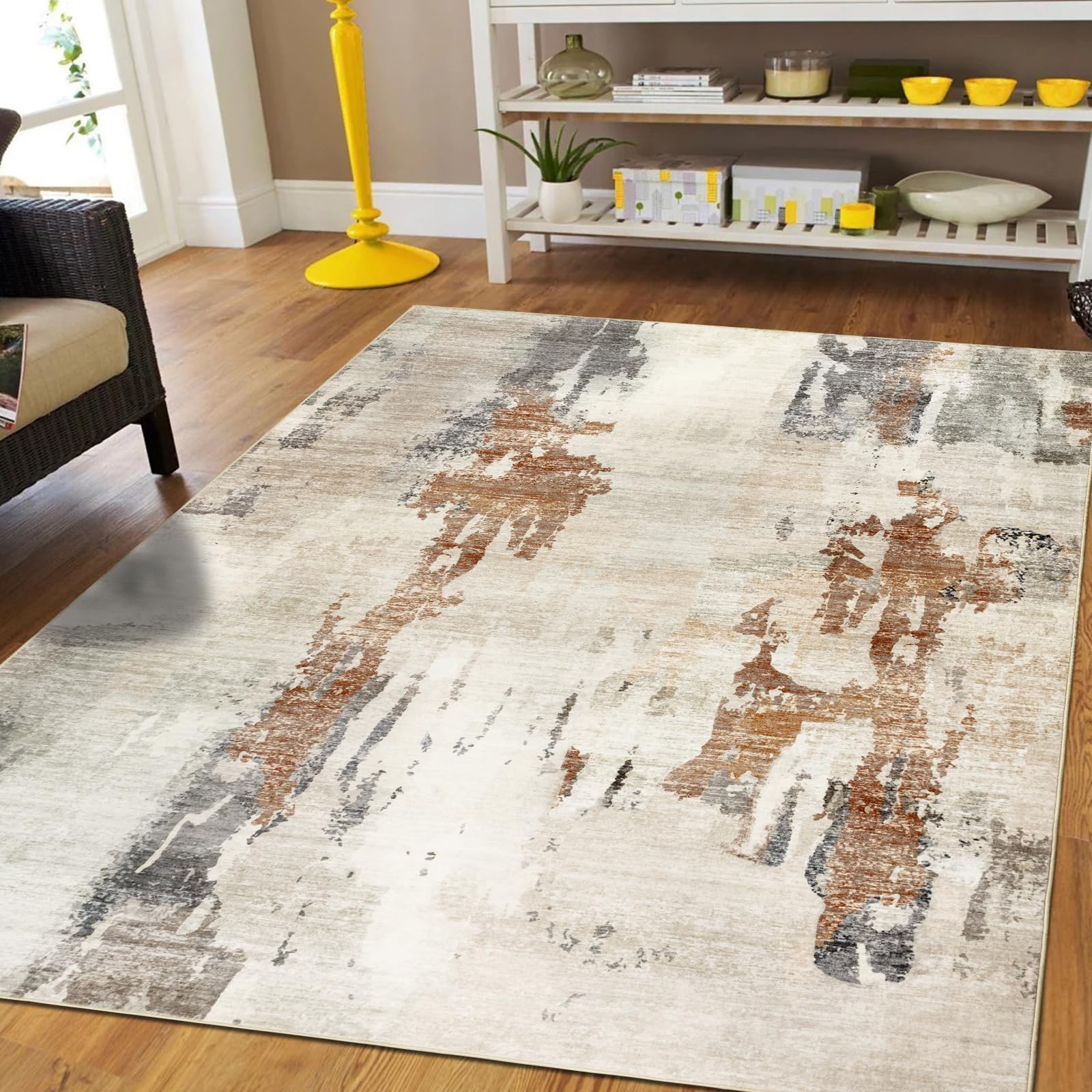 Capslpad Modern Abstract Area Rug 120x180cm Washable Living Room Rug Non-slip Soft Carpet Short Pile Faux Wool Boho Art Floor Carpet for Living Room Bedroom Home Office Dining Room Decor,Beige&Brown