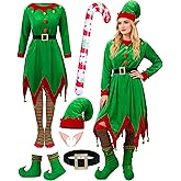 ZapLute 7Pcs Women Christmas Elf Costume Set - Santa Helper Velvet Dress Xmas Outfit with Elf Ears, Hat, Shoes, Belt, Socks