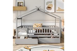 HARPER & BRIGHT DESIGNS Full House Bed with 2 Storage Drawers, Kids Full Bed Frame with Rails and Roof, Tent Bed, Wooden Full Daybed, Full Montessori Bed for Kids Teens Girls & Boys, No Box Spring Needed (Gray)
