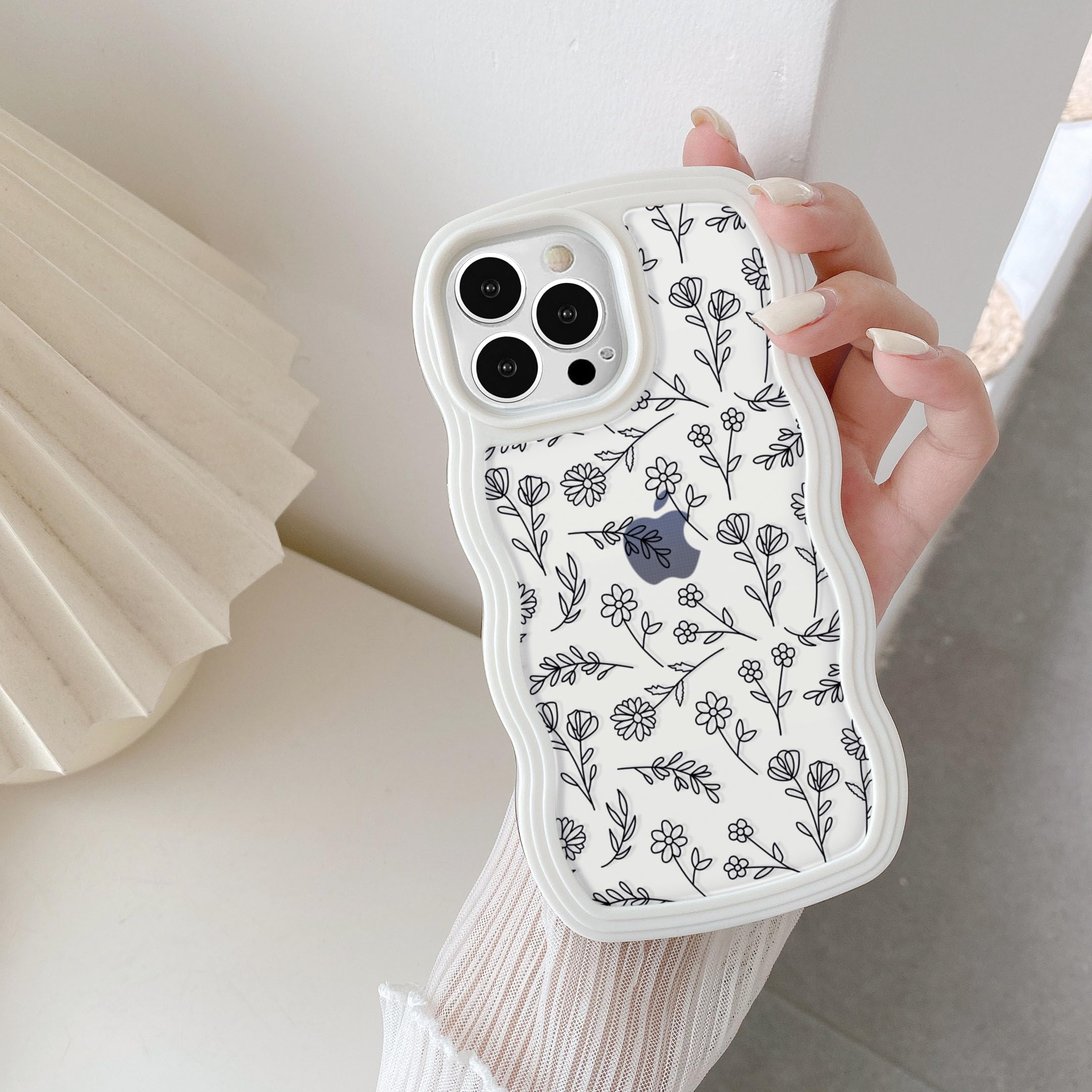QLTYPRI Case for iPhone 15 Pro Max, Cute Curly Wave Frame Clear Case for Girls Women, Flower Clear TPU Bumper Soft Silicone Shockproof Protective Phone Cover for iPhone 15 Pro Max - Black Floral/White