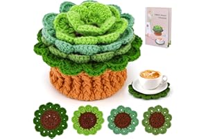 LUNARM Crochet Kit for Beginners, Crochet Start Kit Green Plant Coasters with Step-by-Step Video Tutorials, Easy-to-Learn Knitting with Hook and Yarn, Beginner-Friendly