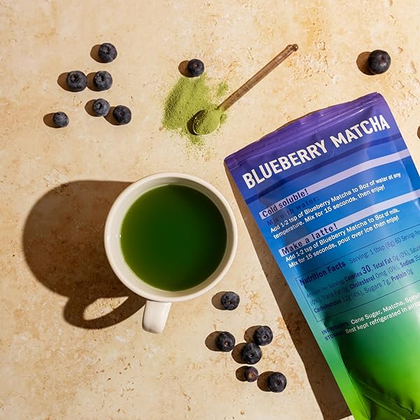 JAPANESE BLUEBERRY SWEET MATCHA POWDER WITH SPIRULINA – SWEETENED GREEN TEA POWDER – BARISTA CAFE STYLE BLEND FOR LATTE – 1LB POUCH – 16OZ – 1 PACK