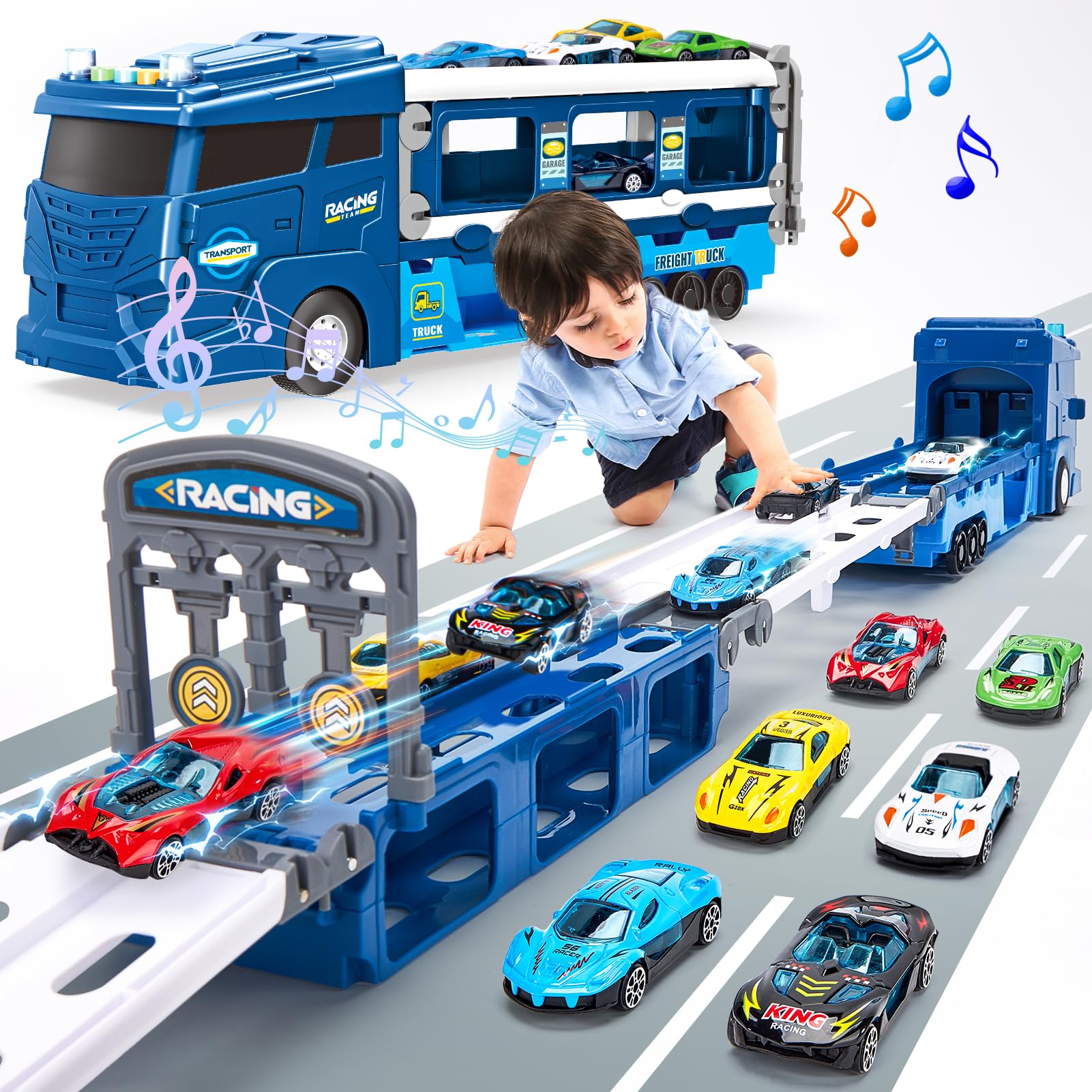 hahaland Puzzle Racer Toy Truck for 3 Year Olds – 2 in 1 Car Carrier Transforms into 114cm Race Track with Dual Launcher! 6 Mini Cars & Accessories – Top 3-10 Year Old Boy Toys & Gifts