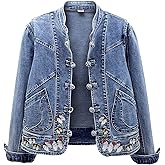 ebossy Women's Cute Embroidery Butterfly Graphic Long Sleeve Slim Washed Denim Jacket with Pocket