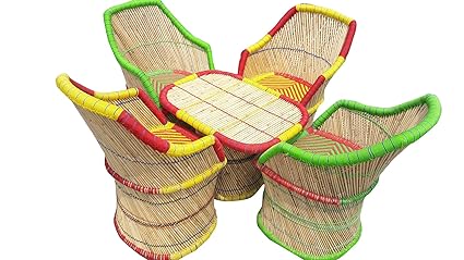 PatioStack Bamboo Outdoor Vintage Rattan & Wicker Sitting Table Chair Furniture Set for Garden / Terrace / Lawn and Living Room [ 4 Chair, 1 Table ]
