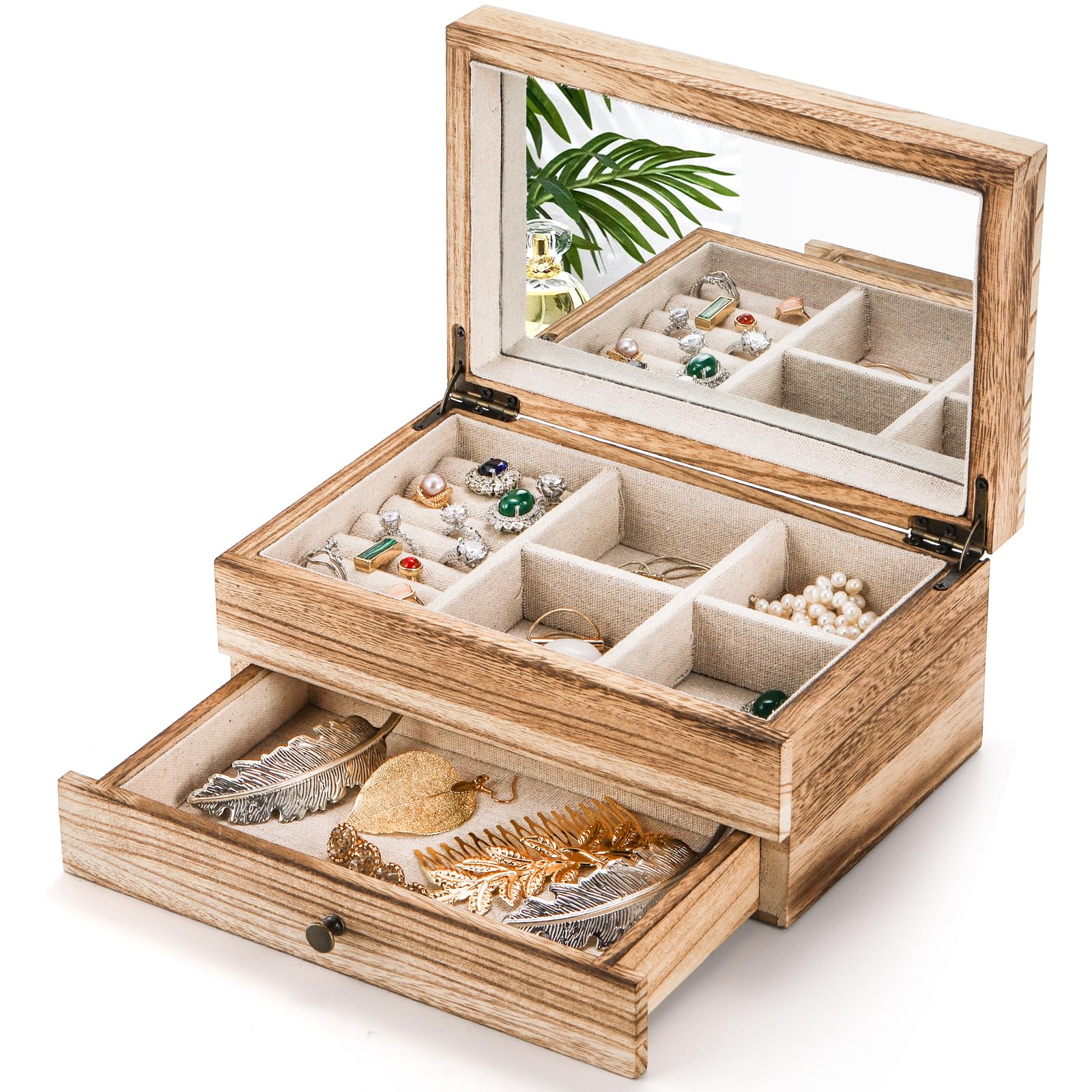 Photo 1 of Tebery Rustic Wood Jewelry Box with Mirror, 2 Layer Vintage Storage Organizer for Necklaces Earrings Bracelets Rings, Large Solid Wood Case for Women