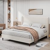 YJNKU King Size Platform Bed Frame,Upholstered Bed Frame with Wing Side Headboard,Chenille Fabric,Strong Wooden Slat Support, No Box Spring Needed, Easy Assembly, Noise-Free,50.78" High,Light Beige