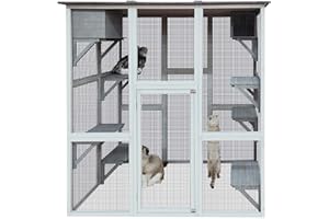 Miscoos Outdoor Wooden Cat Catio - Large Solid Wood Cat Cage Playpen with 8 Jumping Platforms & 2 Napping Houses, Walk-in Cat Kennel Condo Shelter, White