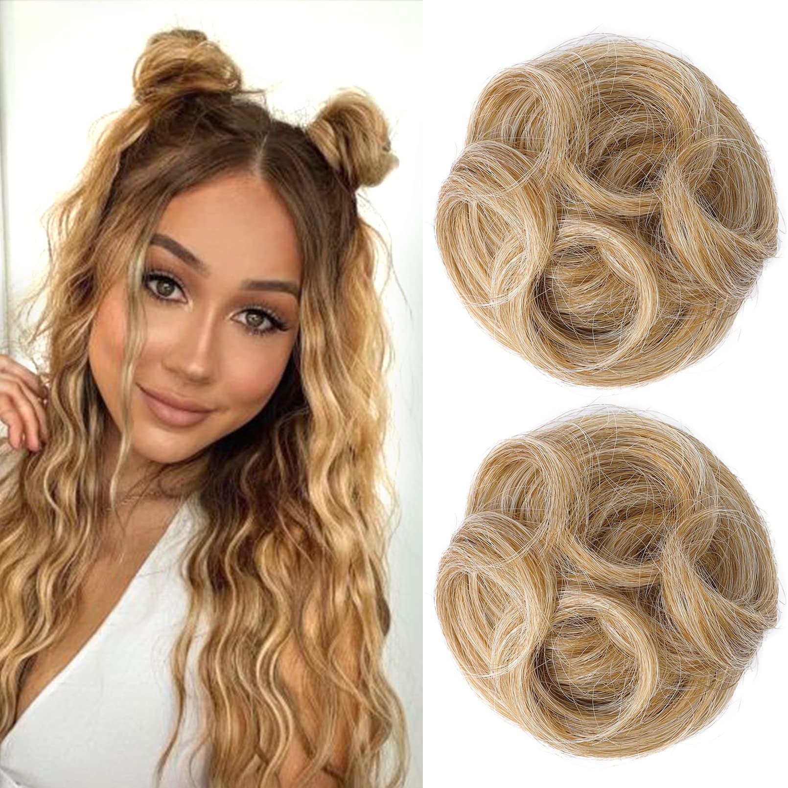 Photo 1 of REECHO 2 PCS Mini Claw Clip in Messy & Cat Ears Hair Bun Extensions HB001 Wig Accessory Updo Hairpieces for Women Girls (Pack of 2-3.5" Wavy, Golden with Blonde Highlights)