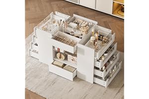 LIVAUVEAD Closet Island with Drawers, Wardrobe Armoire Bedroom Island, Glass Display Shelf & 12 Drawers, White Dresser with Glass Top, Walk-in Closet Island for Bedroom, Cloakroom