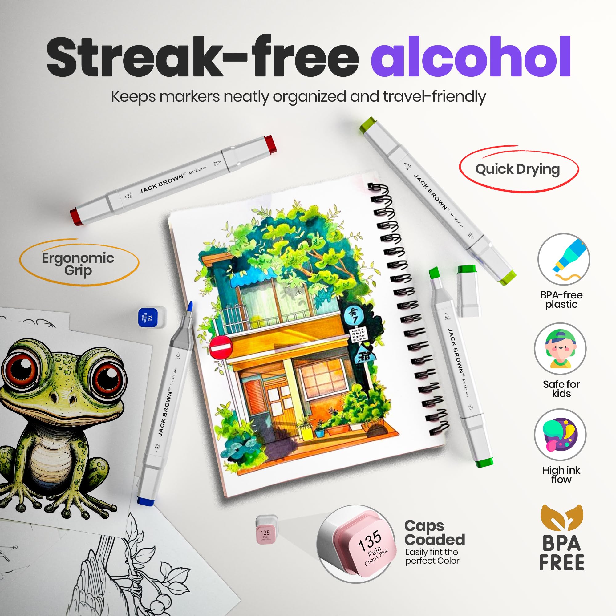 JACK BROWN 120 Colors Alcohol Markers Set with Fine & Chisel Dual Tip - Professional Art Markers for Adults & Kids, Perfect for Drawing, Sketching, Coloring & Animation - Includes Durable Marker Case