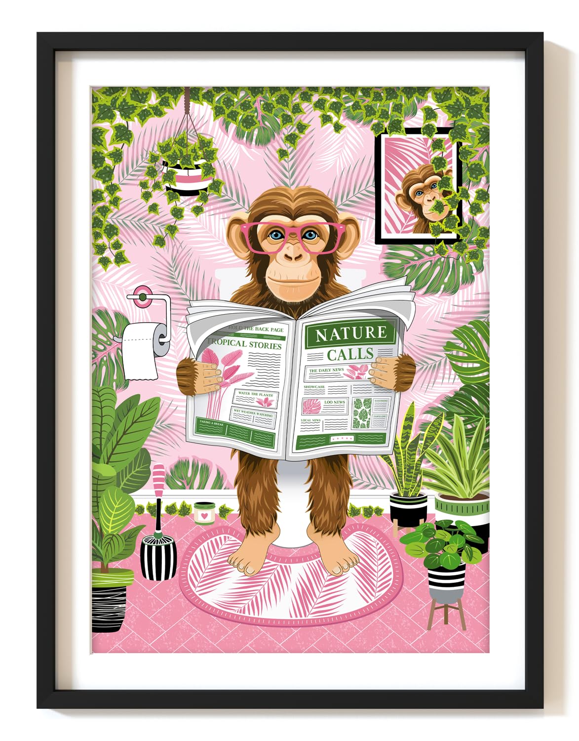 Parmaro Monkey on Toilet, Reading Newspaper Bathroom Decor, A4 UNFRAMED Animal Print, Tropical Theme