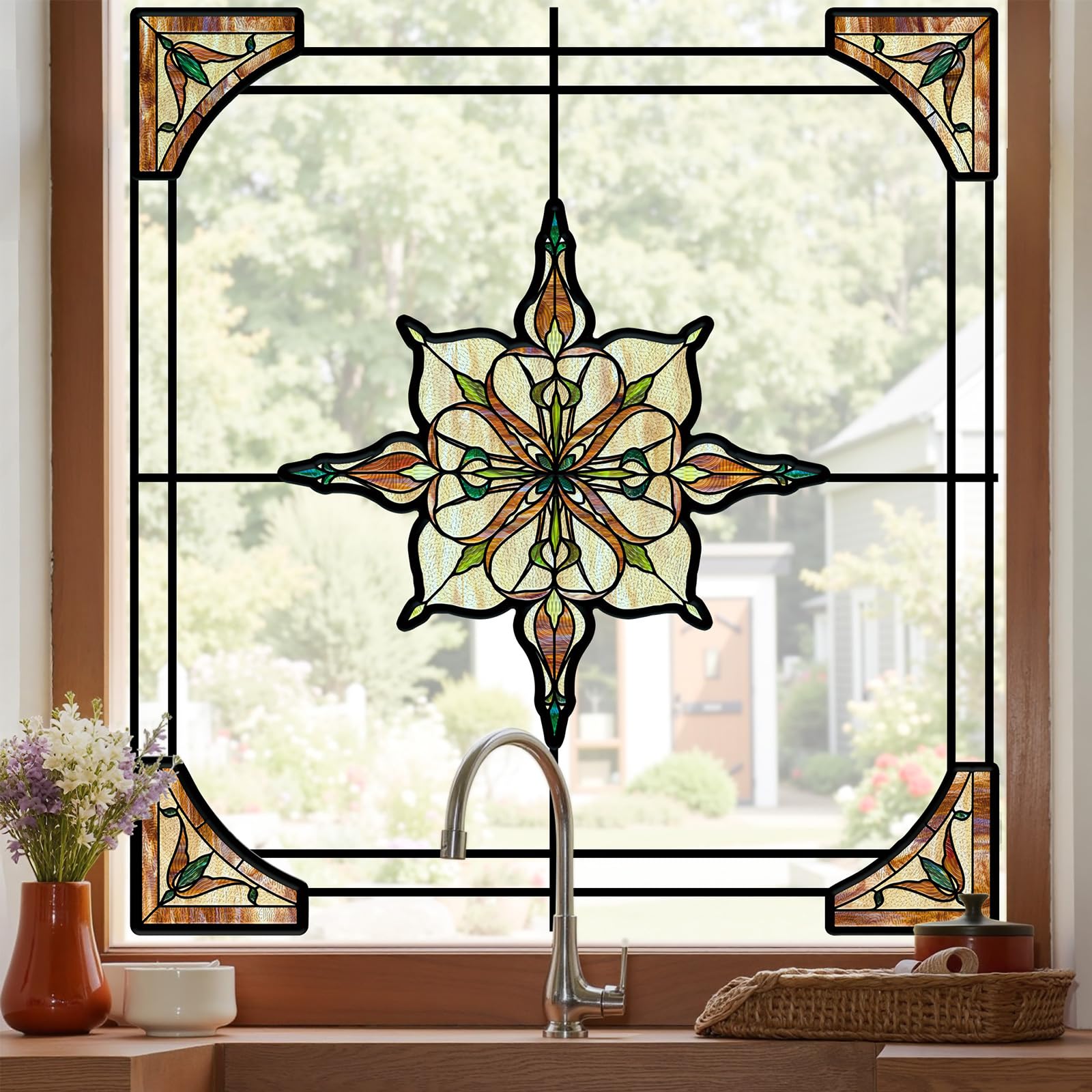 Photo 1 of ADD.HERES Window Stickers, ?Stained Glass Window Privacy Film, UV Blocking Static Cling for Home Kitchen Office Bathroom, Amber Starry Light, 11.81" X 15.75"