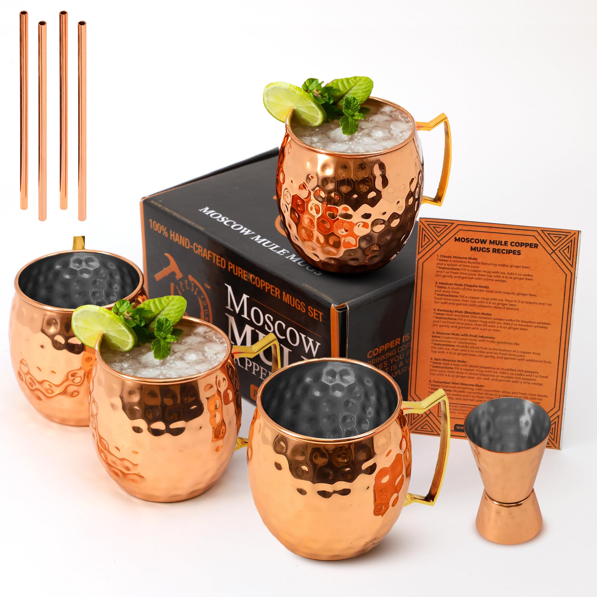 View 1 of ***MISSING ONE MUG***Moscow Mule Cups Set of 4| 100% Pure Copper Plated 16 OZ Hammered Copper Cups with 304 Stainless Steel Lining and Brass Handles with 4X Straws and 1x Jigger For Cold Drinks, Beer, Wine, Bars, Parties