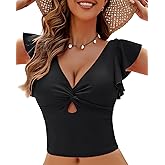 GRAPENT Tankini Tops for Women Swimwear Top Only Ruffle Bathing Suit Cut Out Long Bikini Tops Swimsuit Beach Resort Wear