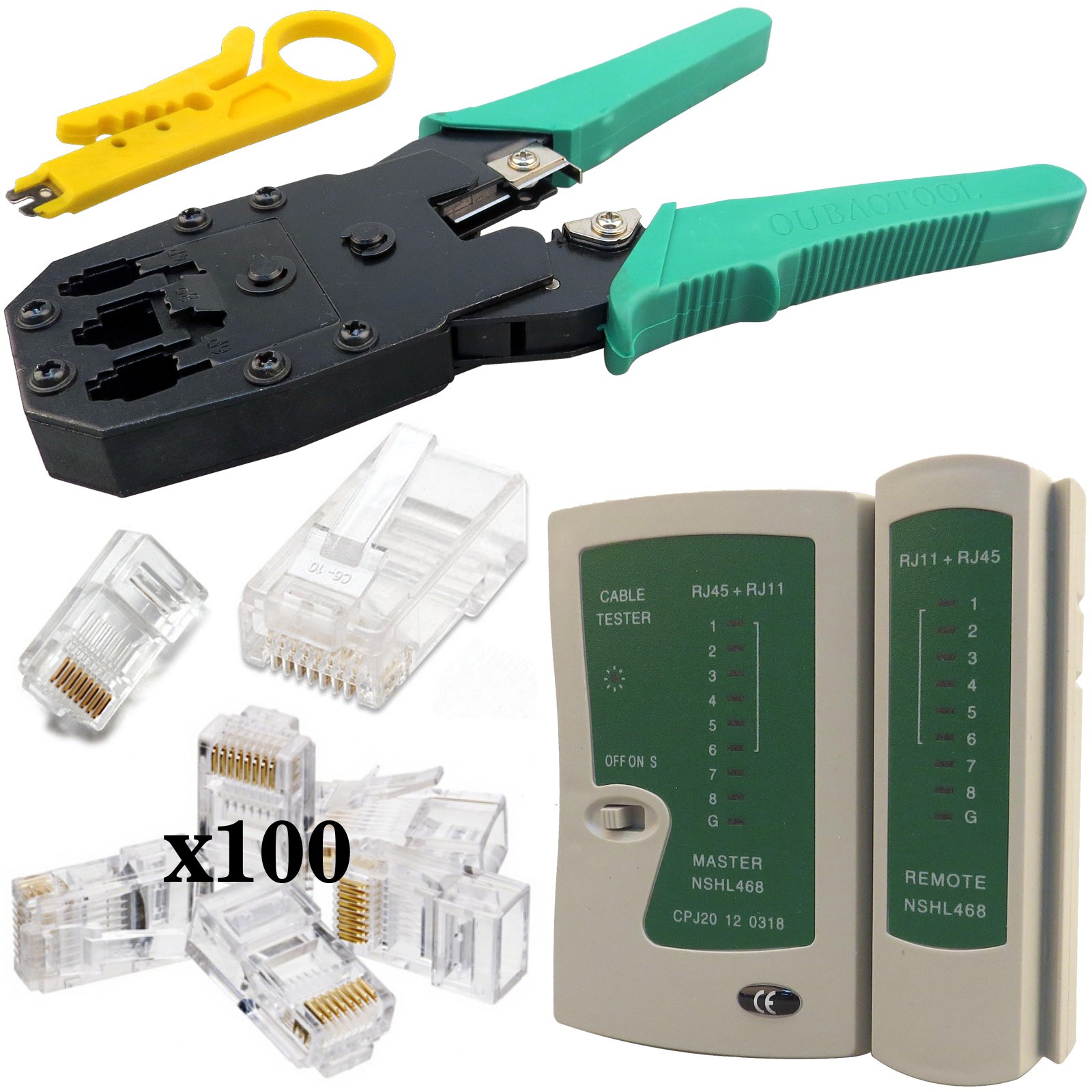 Safekom -Crimper Tool Kits, RJ45, RJ11 RJ12, Cat5e Cat6 Cat6e Cat7 -Network Crimper Wire Connector Stripper, Lead Testing ADSL DSL Wire Cutter, Ethernet Crimper kit 100 Pcs RJ-45 Connectors