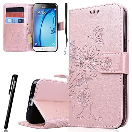 WE LOVE CASE Hülle kompatibel mit Samsung Galaxy J3 2016 / 2015 Rose Gold Lederhülle Handyhülle Schutzhülle Karten mit Magnet