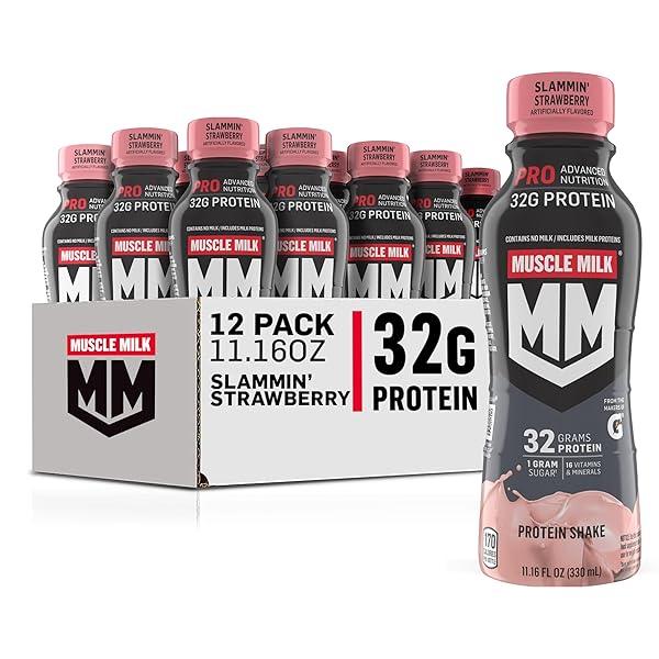MUSCLE MILK PRO ADVANCED NUTRITION PROTEIN SHAKE, SLAMMIN’ STRAWBERRY, 11.16 FL OZ (PACK OF 12), 32G PROTEIN, 1G SUGAR, 16 VITAMINS & MINERALS, 5G FIBER, BOTTLED LIQUID, GLUTEN FREE