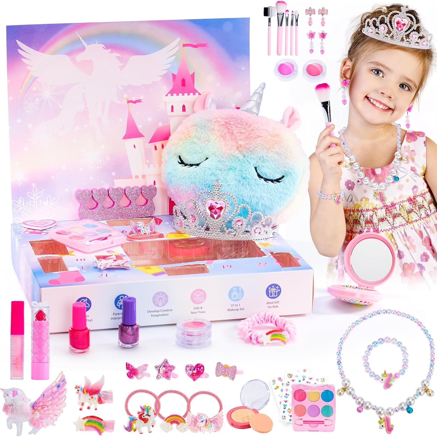 Advent Calendars - Makeup Advent Calendar 2023 for Girls -24 Days Jewelry Unicorn Makeup Christmas Countdown Calendar Gift Set for Kids Toddlers Xmas Surprise Girls Princess Gift with Unicorn Bracelet Necklace Earring