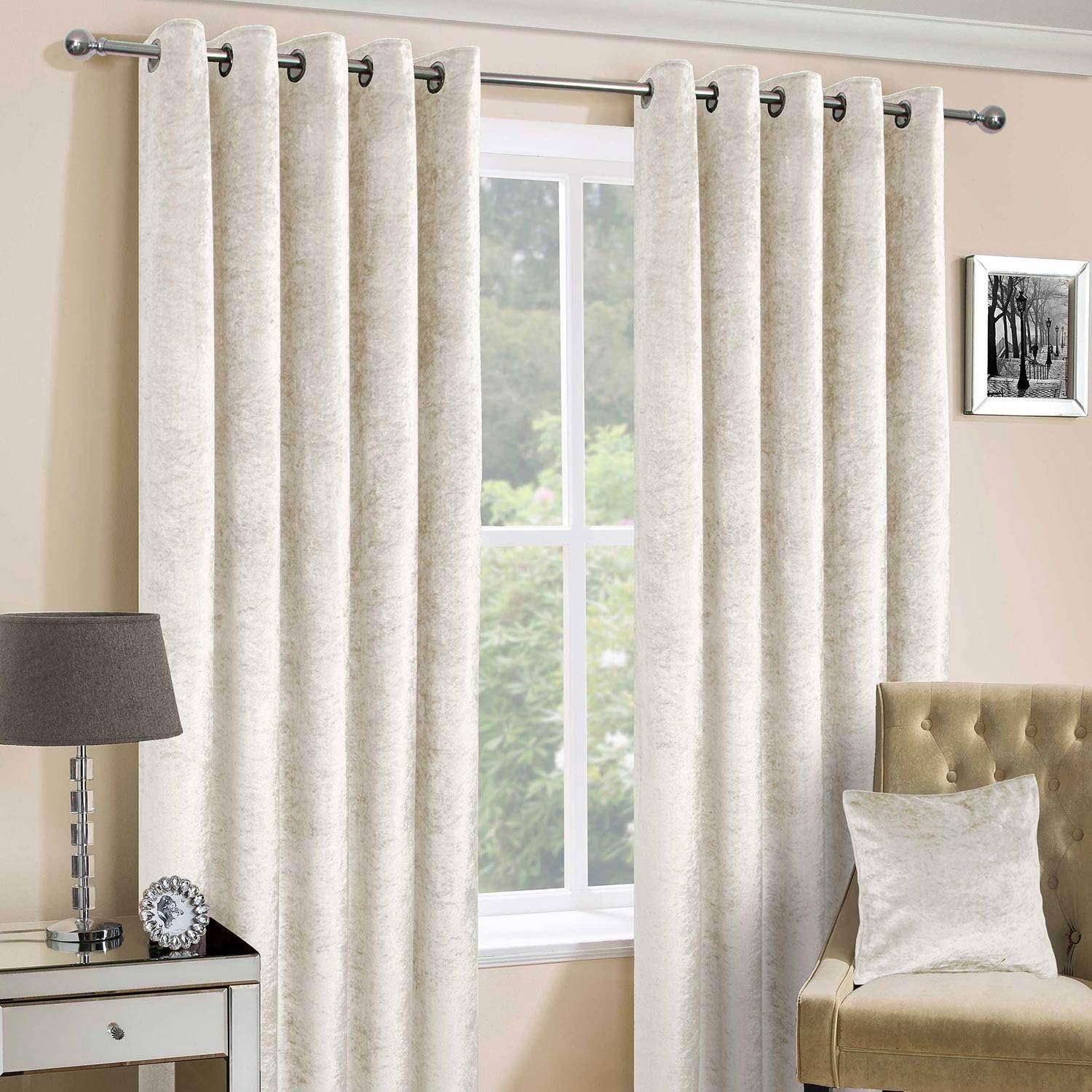 HOMESCAPES Cream Crushed Velvet Lined Curtain Pair 66 x 90 Inch Drop (167 x 228 cm) Heavy Weight Contemporary Neutral Eyelet Curtains