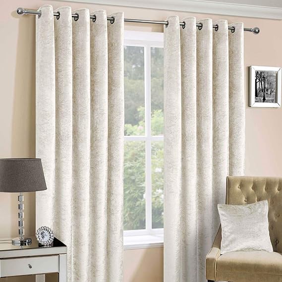 HOMESCAPES Cream Crushed Velvet Lined Curtain Pair 46 x 90 Inch Drop (117 x 228 cm) Heavy Weight