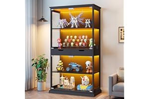 Jocoevol Display Cabinet with Glass Doors, 68'' Tall Curio Cabinet with RGB Lights for Collectibles, 4-Tier Glass Display Case with Human Body Sensor & 2 Drawers for Living/Game Room, Black