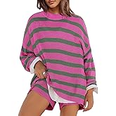 Xfileen Womens Striped Sweater Lounge Sets 2 Piece Oversized Long Sleeve Knit Sweater Top and Shorts Matching Pajamas