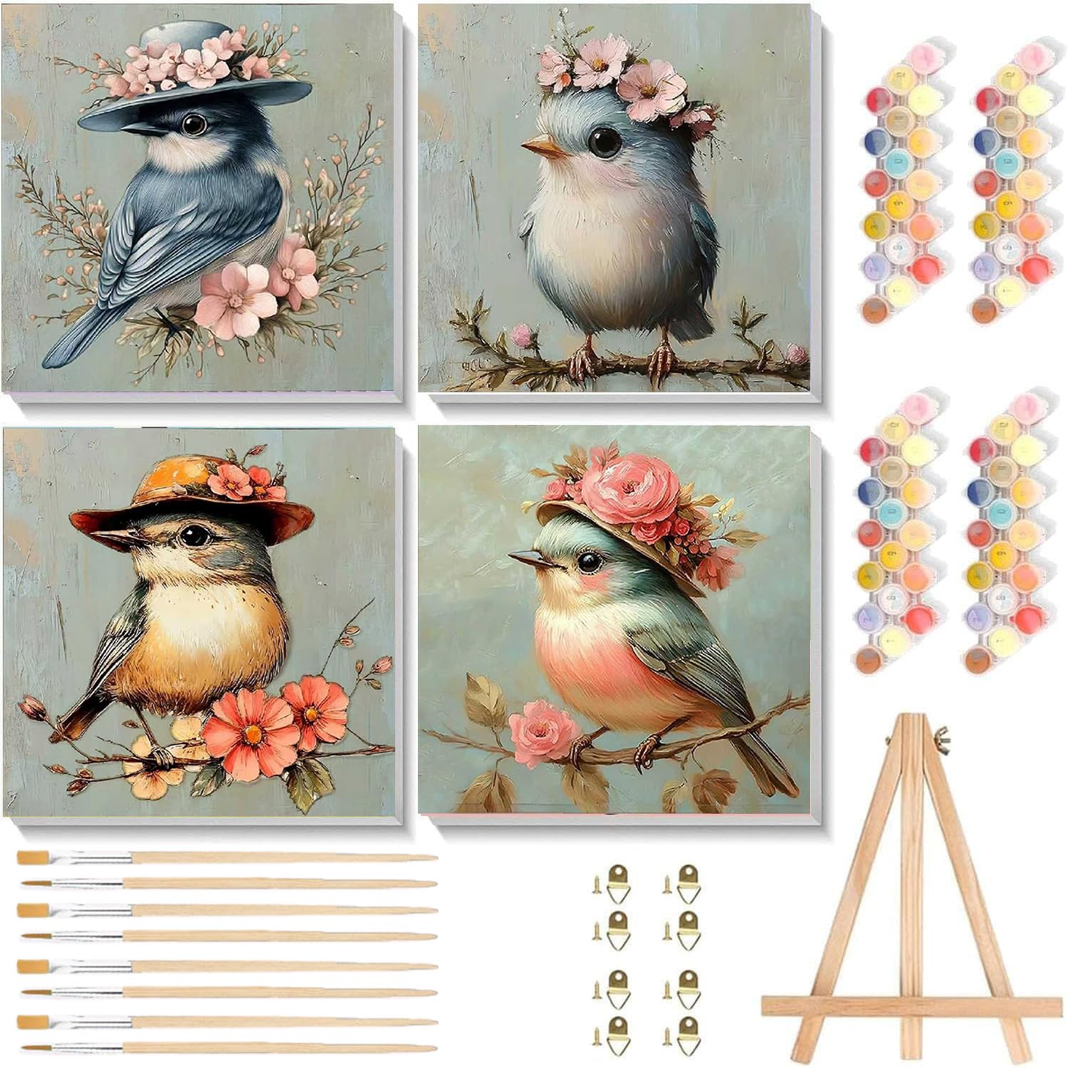 WEMEON 4 Pack Paint by Numbers Kit for Children with Framed and Easel- Bird Easy Paint by Number for Kids and Beginners, Simple Painting Kits for Kids for Gift Home Wall Decor(8x8Inch)