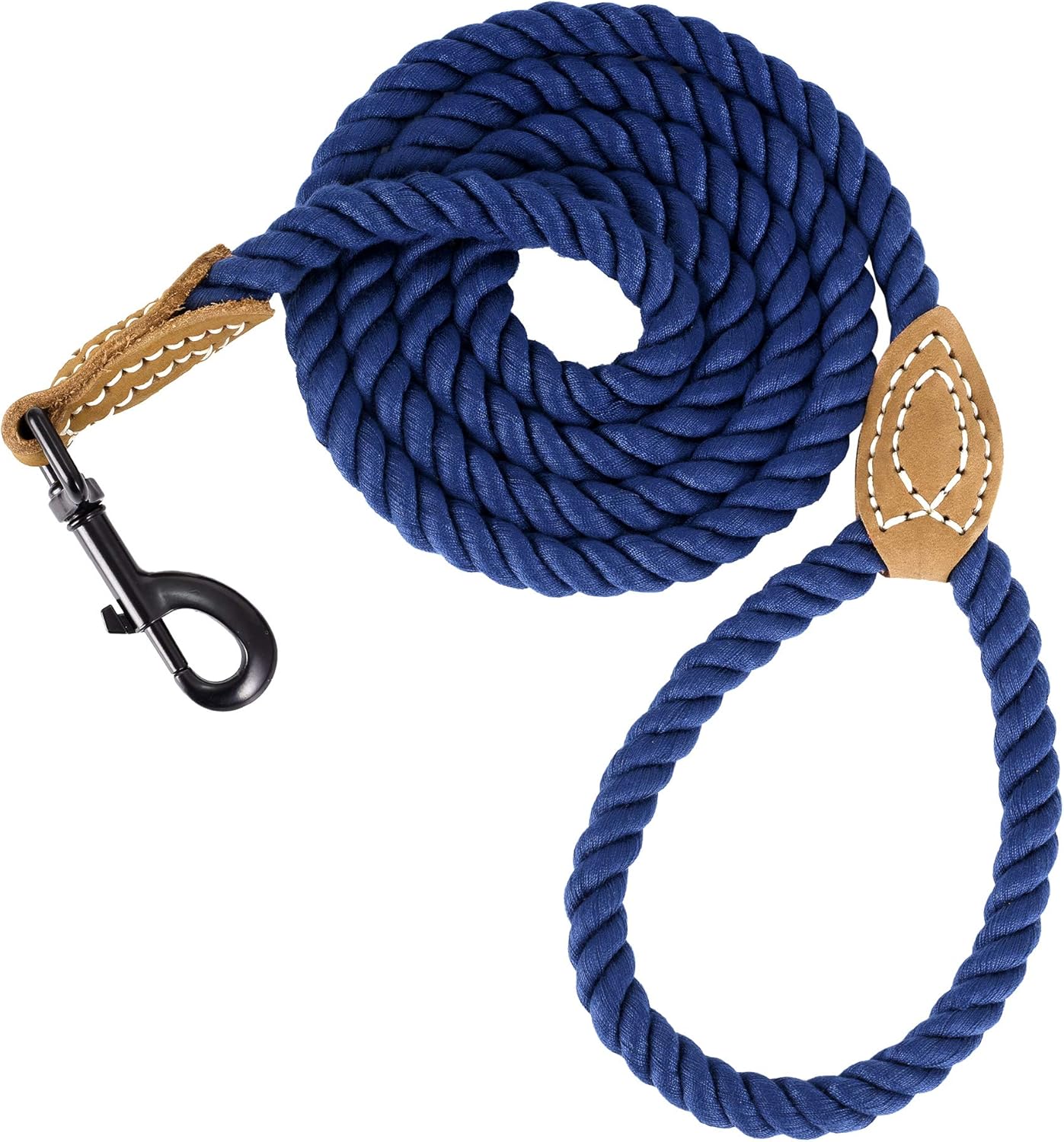 Mile High Life Braided Cotton Rope Leash with Leather Tailor Handle and Heavy Duty Metal Sturdy Clasp (Navy, 6 FT)