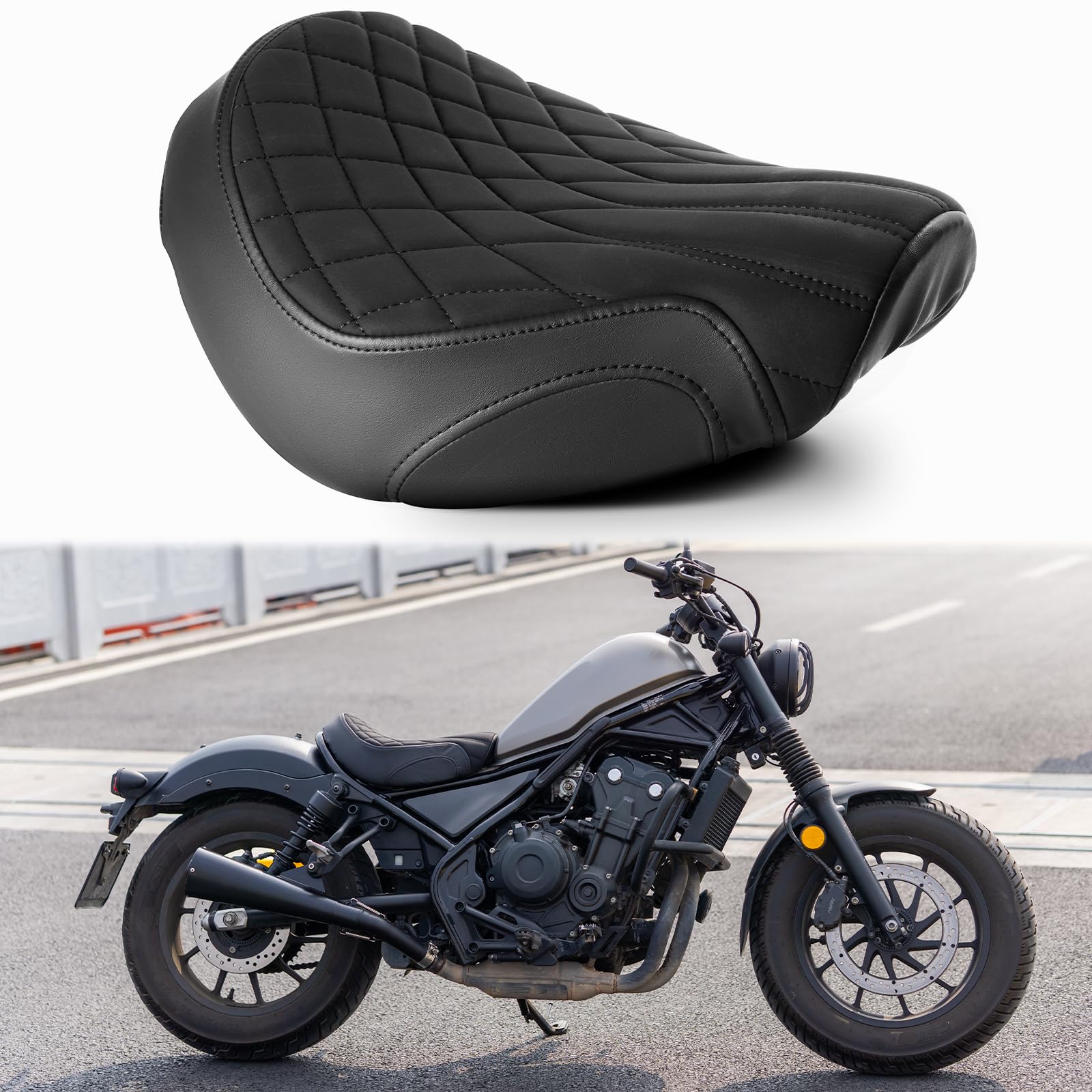 Photo 1 of JUNJUMOTO Motorcycle Front Rider Solo Seat Silicone Cushion Black Stitching Diamond Pattern Compatible with Rebel 300 CMX300 Rebel 500 CMX500 2020-2025