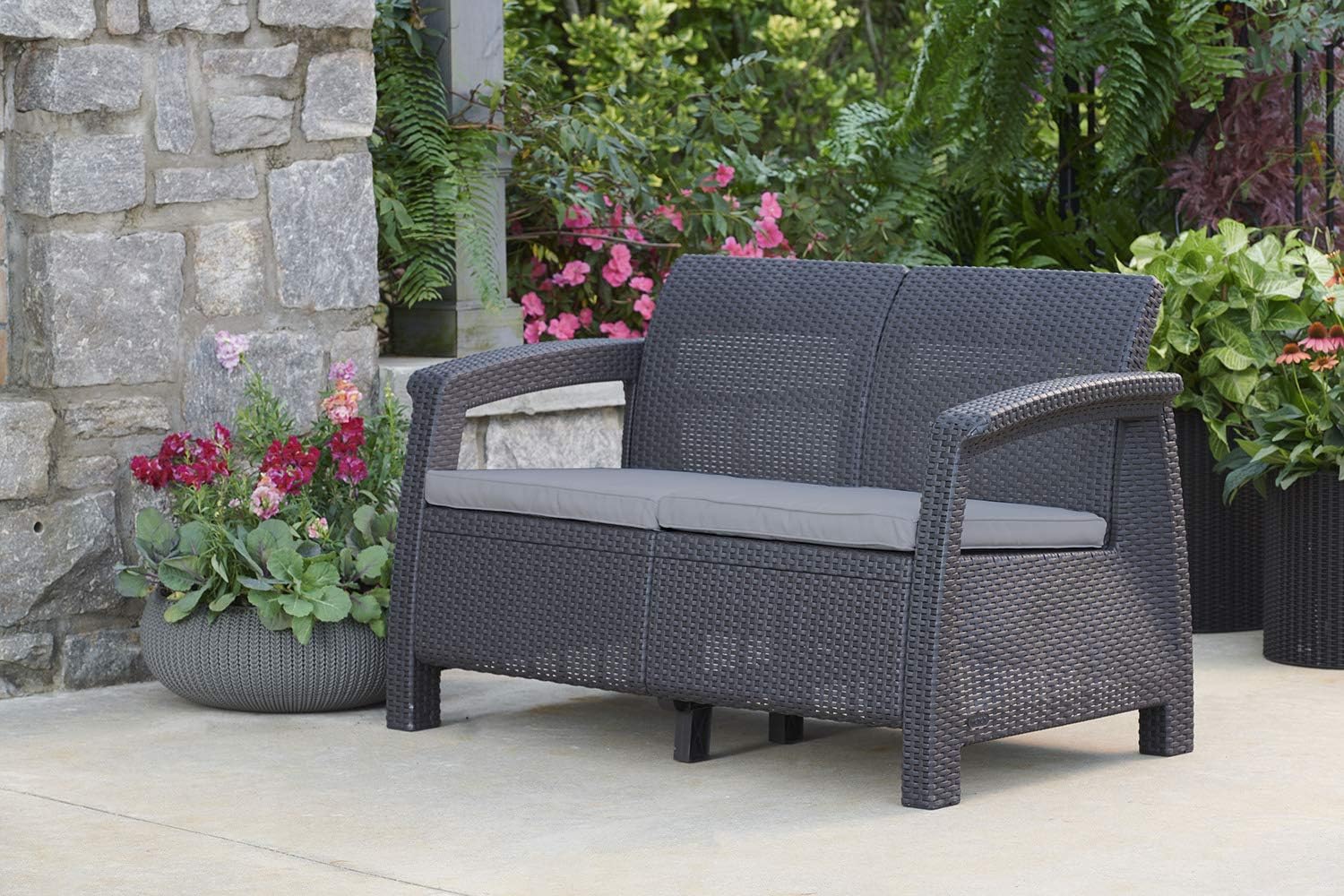 Keter Corfu Resin Wicker Loveseat with Outdoor Cushions – Patio Furniture Perfect for Front Porch Décor and Poolside Love Seats, Grey : Patio Loveseats : Garden & Outdoor