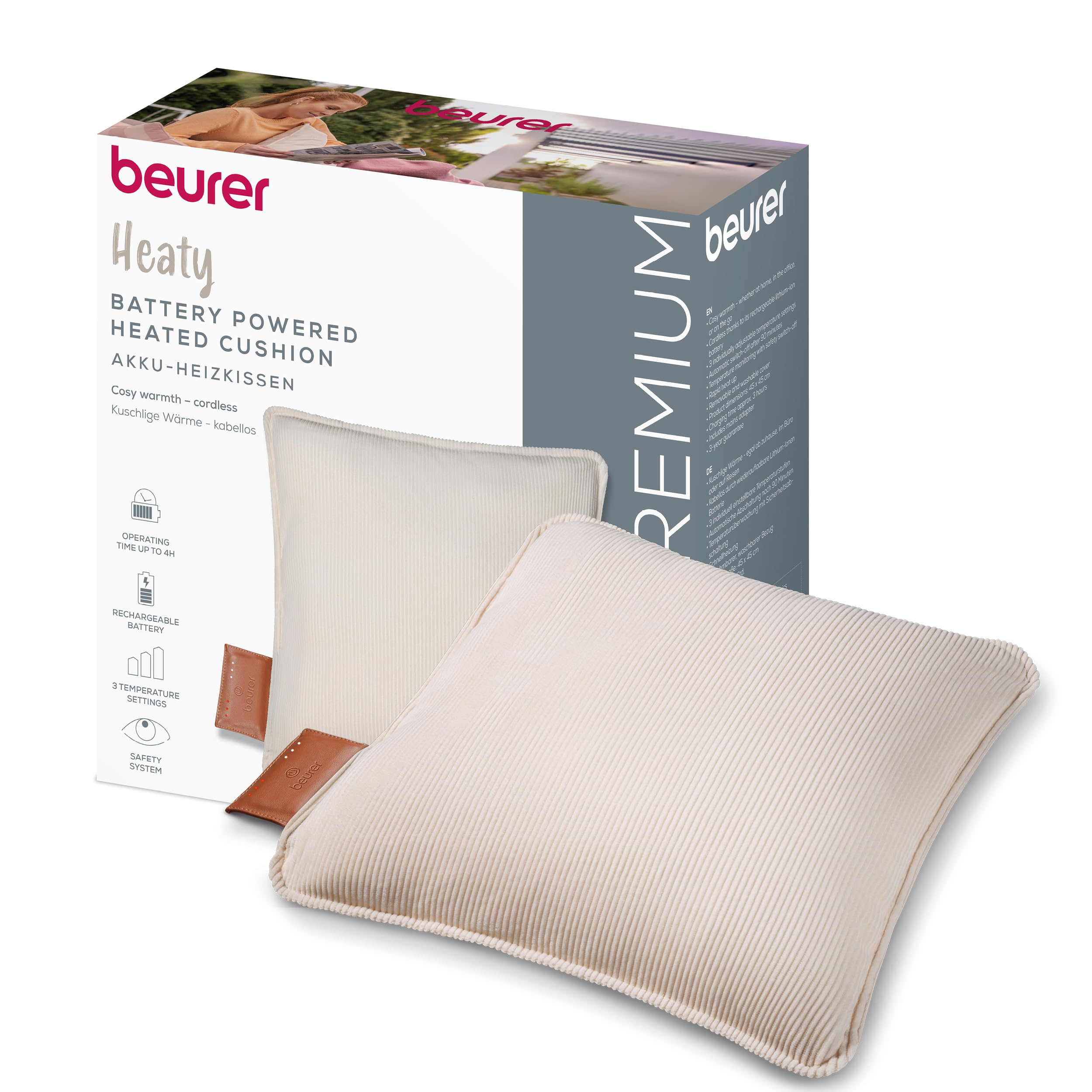 Beurer Heaty Coussin chauffant, coussin chauffant sans fil avec batterie, avec arrêt automatique et 3 réglages de la température, chauffe rapidement, velours côtelé doux, blanc