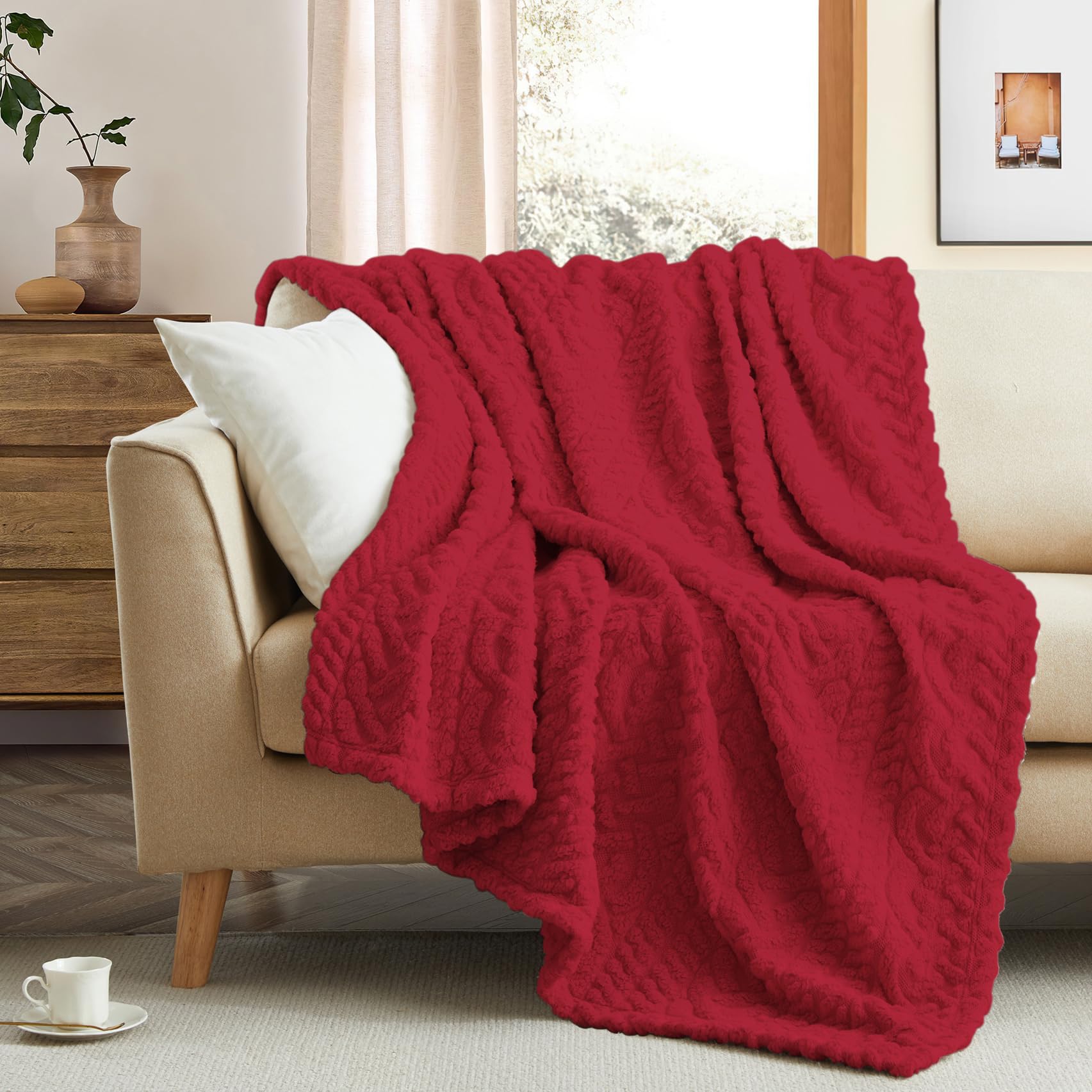 Coastline Sherpa Throw Blanket,Cable Pattern Decorative Soft Cozy Blanket for Couch Sofa,Light Weight Fleece Warm Throw Blanket for Bed,Red Burgundy,152 x 203 cm