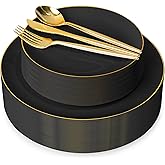 I00000 150Pcs Black Plastic Plates, Black Disposable Plates, Heavy Duty black plates for 30 Guests,Plastic Dinnerware Set Include 30 Dinner Plate,30 Dessert Plate,90 Gold Cutlery Set for Party
