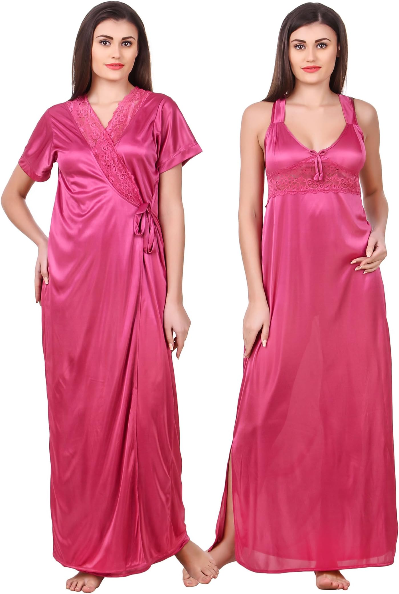 Fasense Women Satin Nightwear 2 Pc Set of Nighty & Wrap Gown OM007