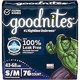 Goodnites Boys' Bedwetting Underwear, Size S/M (43-68 lbs), 76 Ct (2 Packs of 38), Packaging May Vary