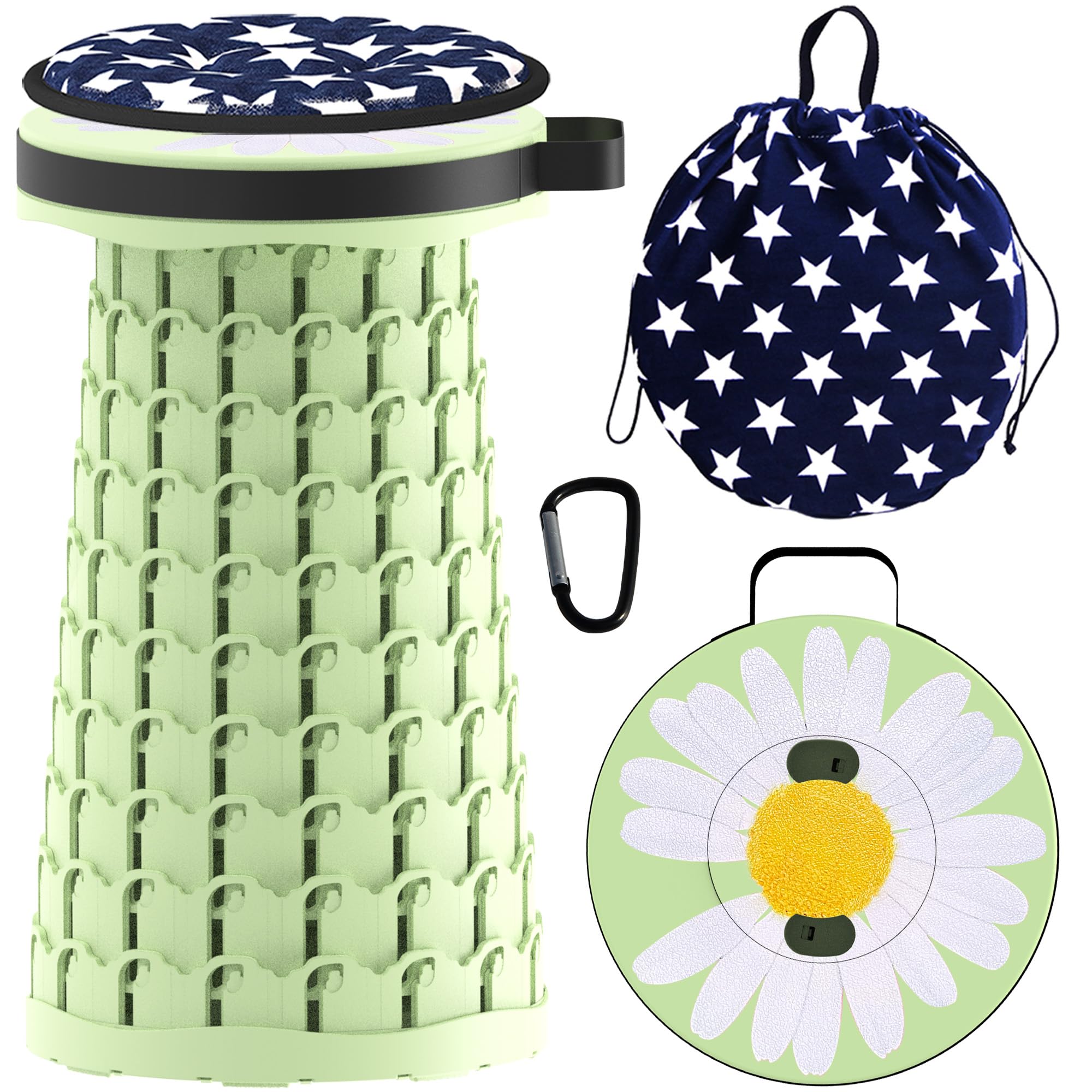 ALEVMOOM Portable Collapsible Stool with Cushion Telescopic Stool with Painting Retractable Folding Stool Sturdy Capacity 440Ibs, Camping Stool for Outdoor Hiking Garden BBQ with Carabiner, Bag