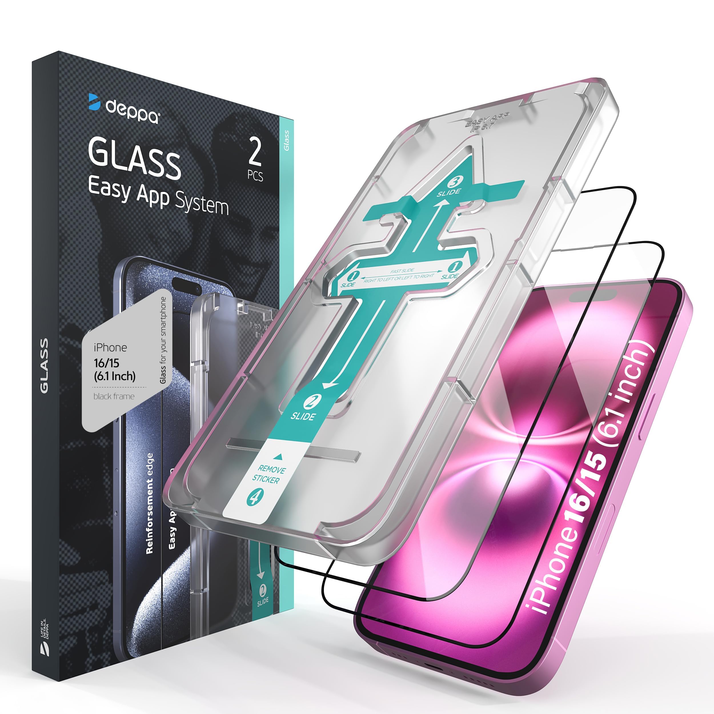 Deppa |2 Pack| Premium Screen Protector for Iphone 15/Iphone 16 (6.1') Tempered Glass Edge to Edge Full Coverage |Case Compatible| with Easy Install Kit Tray [Video Guide]