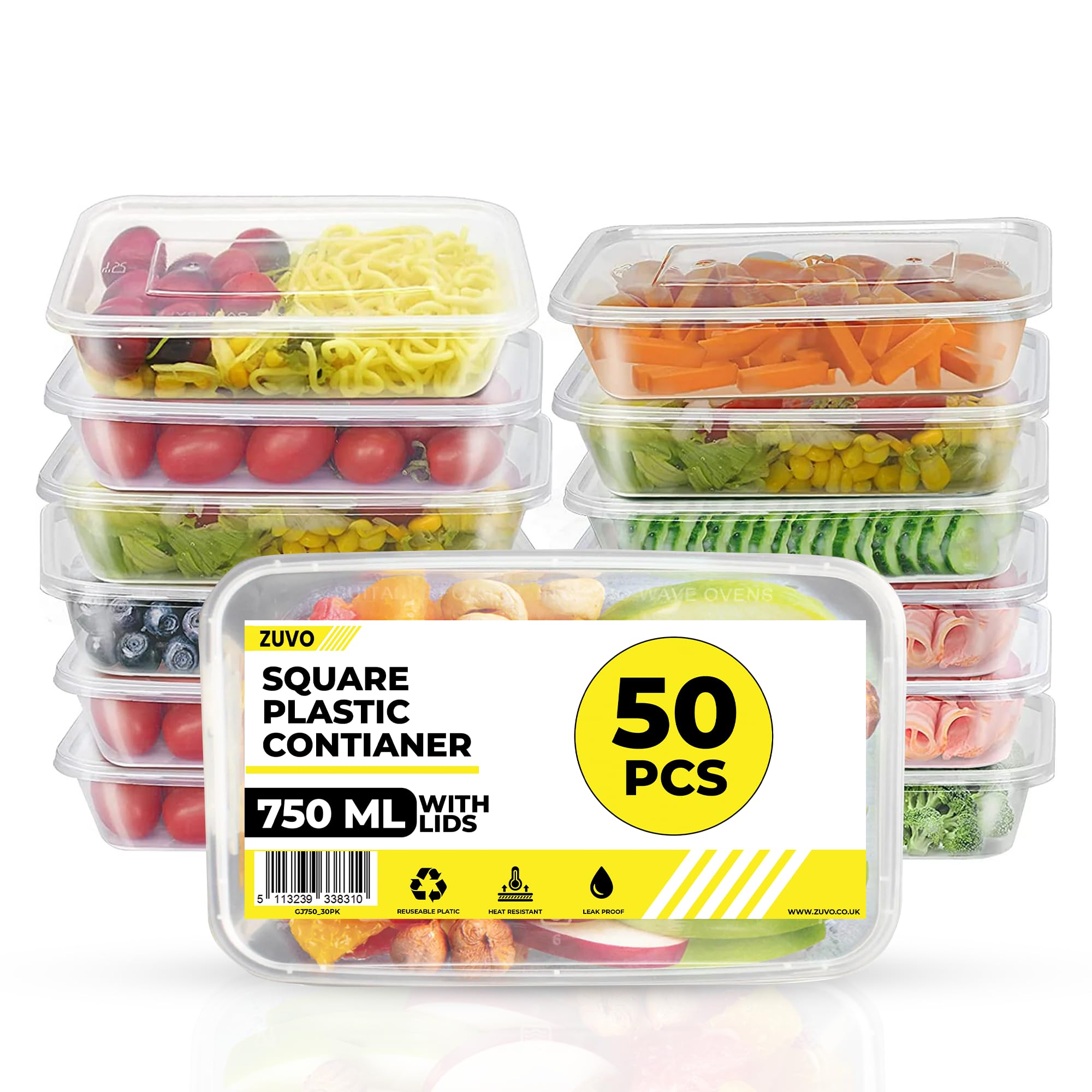 Zuvo 50 X Rectangular Microwave Plastic Food Container, Reusable Food Container Clear, 750 ml, Set of 50
