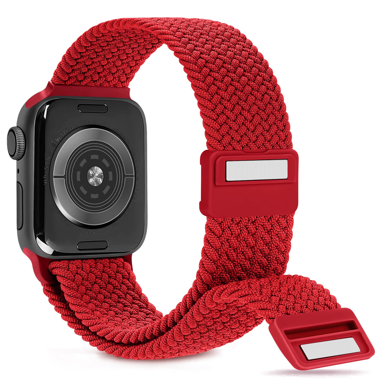 Photo 1 of Cindgress Stretchy Braided Solo Loop Band Compatible with Apple Watch 41mm 40mm 38mm Women Men, Elastic Magnetic Clasp Nylon Sport Strap for iWatch Series SE 10 9 8 7 6 5 4 Ultra, Red