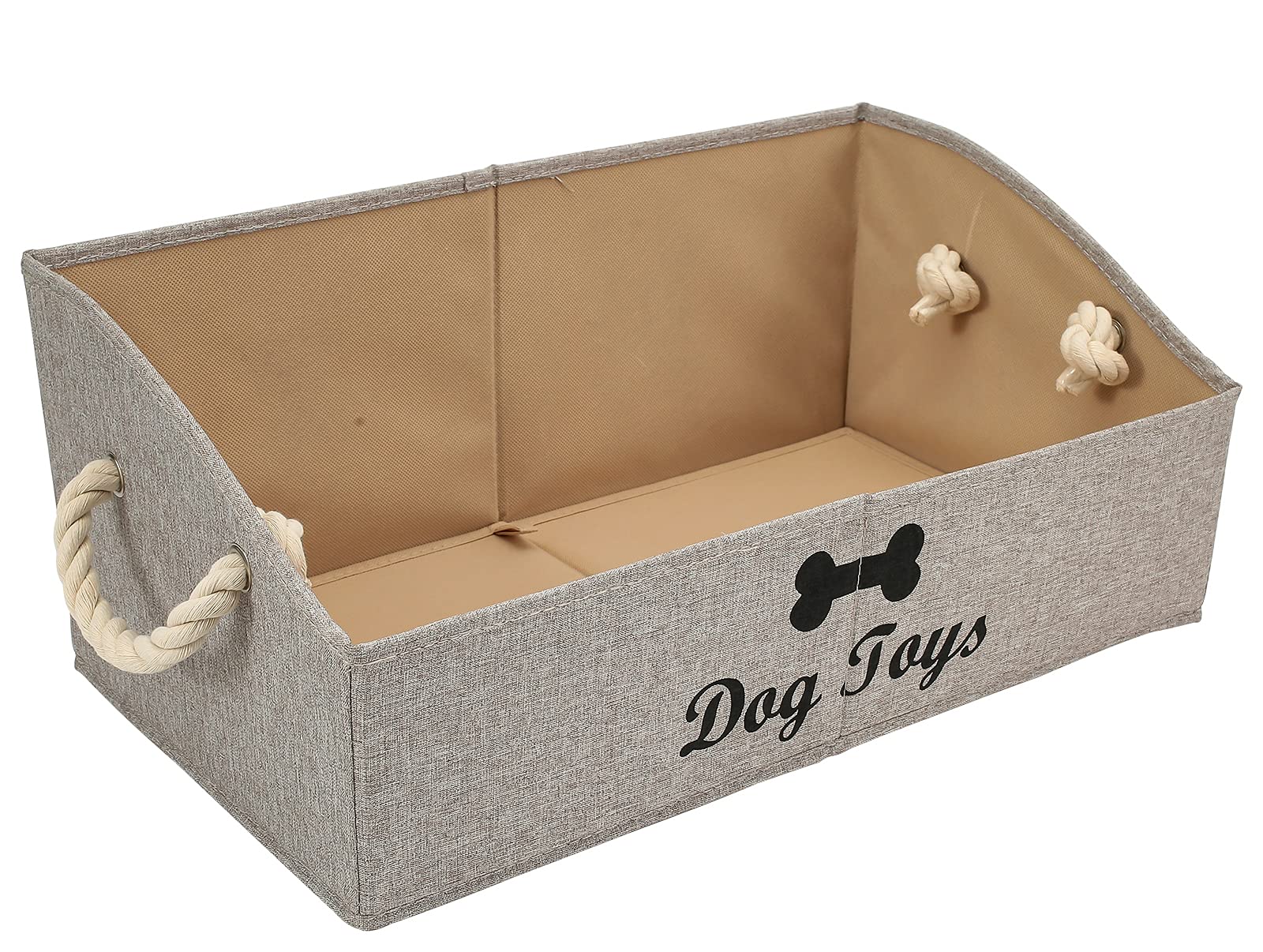 Geyecete Large Dog Toys Storage Bins - Foldable Fabric Trapezoid Organizer Boxes with Cotton Handle, Collapsible Basket for Shelves (Light Brown-DOG)