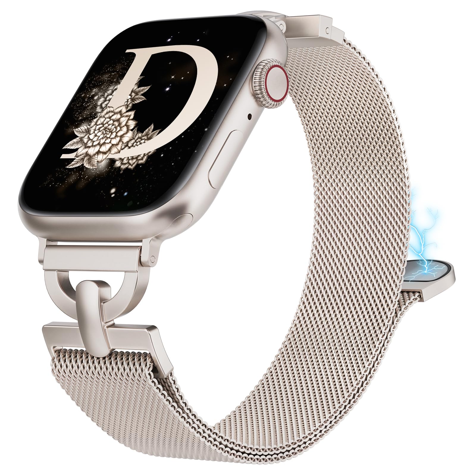 BEEXI Stainless Steel Magnetic Loop Compatible with Apple Watch Band 38mm 40mm 41mm 42mm Women Metal Mesh D-shaped Clasp Strap for iWatch SE Series 10/9/8/7/6/5/4/3/2/1/Ultra(1/2) Starlight