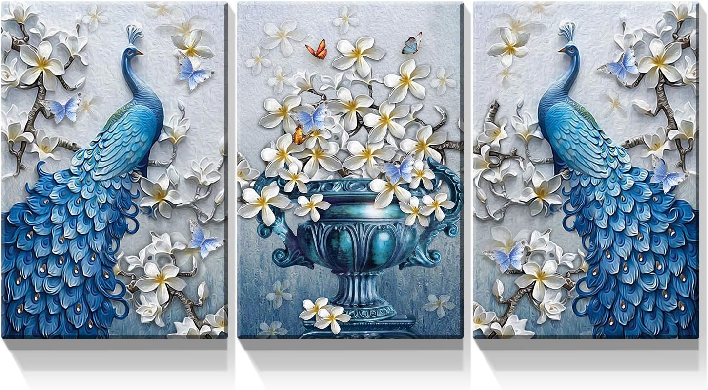 Paintings - Denozer - 3 Panel Peacock Canvas Wall Art Paintings - Peacock Elegant Flower Pictures On Canvas Animal Wall Decor for Living Room Home Decor Stretched and Framed Ready to Hang - 24