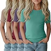 LessonZoo 4 Pack Girls Short Sleeve Tops Ribbed Cotton Lettuce Trim T Shirts Crew Neck Cute Basic Tees for Kids Teen 5-14Y