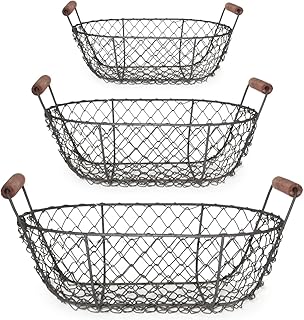 vonHermine Drahtkorb 3er Set Kartoffelkorb Holzhenkel Oval 26cm / 28,5cm / 31cm Dekokorb Metall